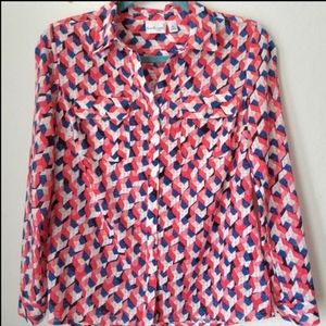 Kim Rogers Geometric Print Button Down Blouse Petite Small